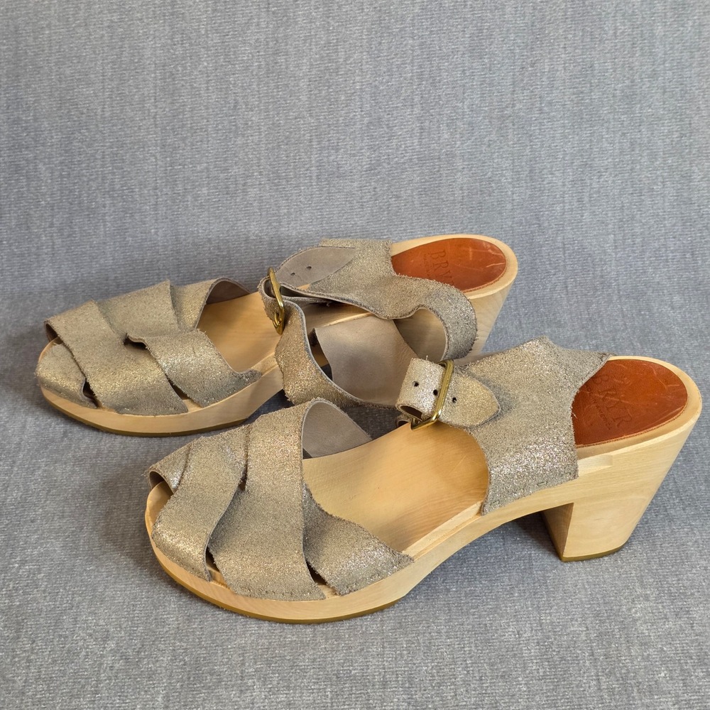 Bryr Clog Sandals W 38/7.5 Gold Metallic Leather Peep Toe Wood Block Heel Boho